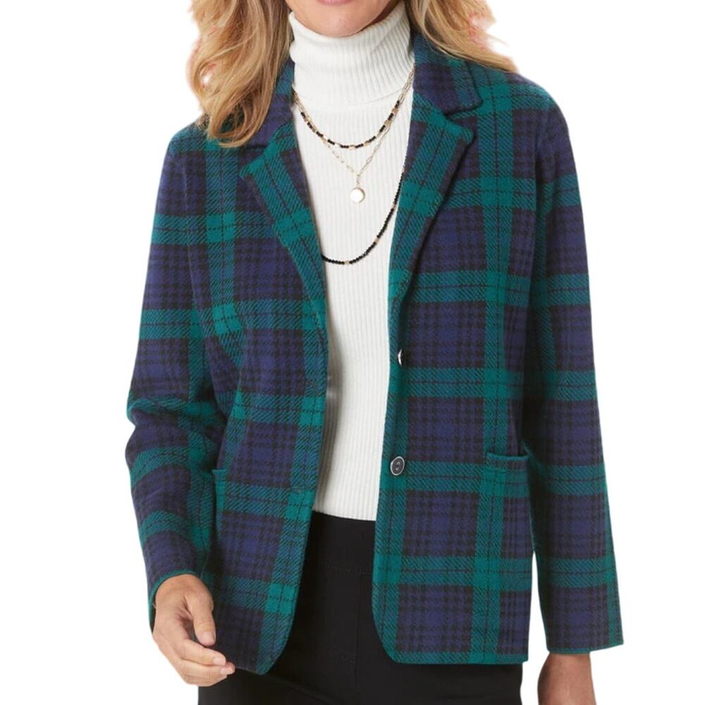 Appleseed's Green/Blue Plaid Sweater Sport Blazer Jacket Womens M Button Front